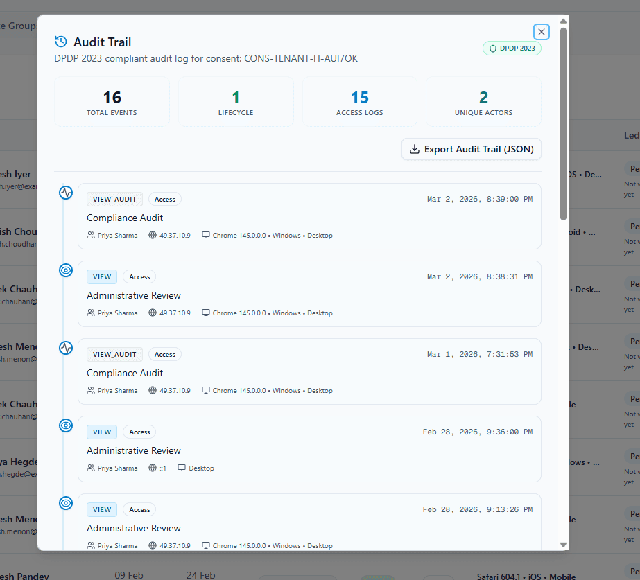 AquaConsento consent audit trail modal screenshot with actors, timestamps, IP, and device metadata