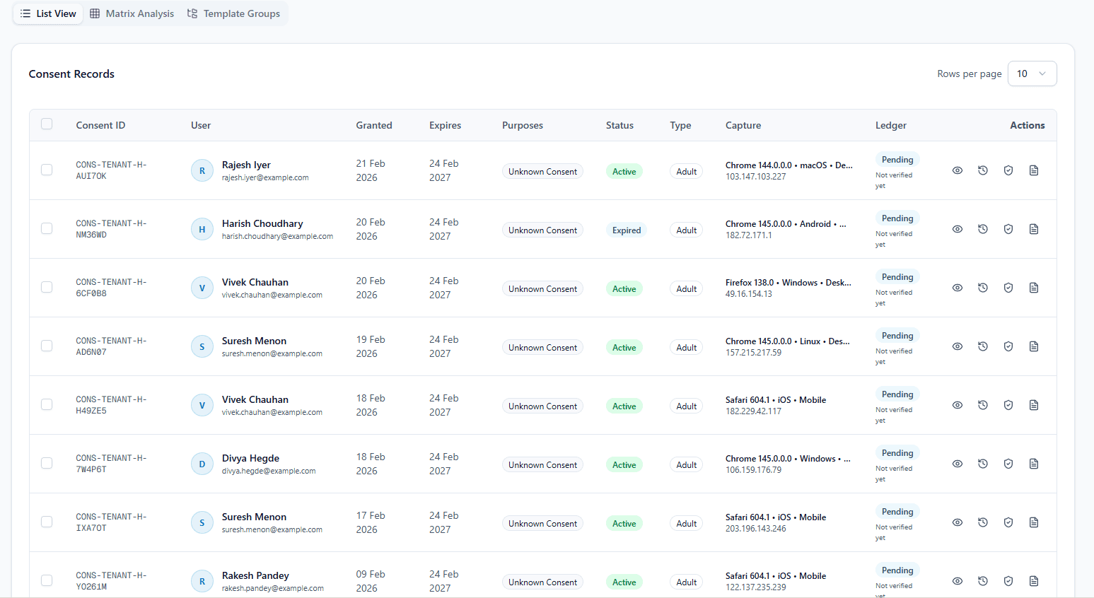 AquaConsento consent records table screenshot with status, metadata, and action rail