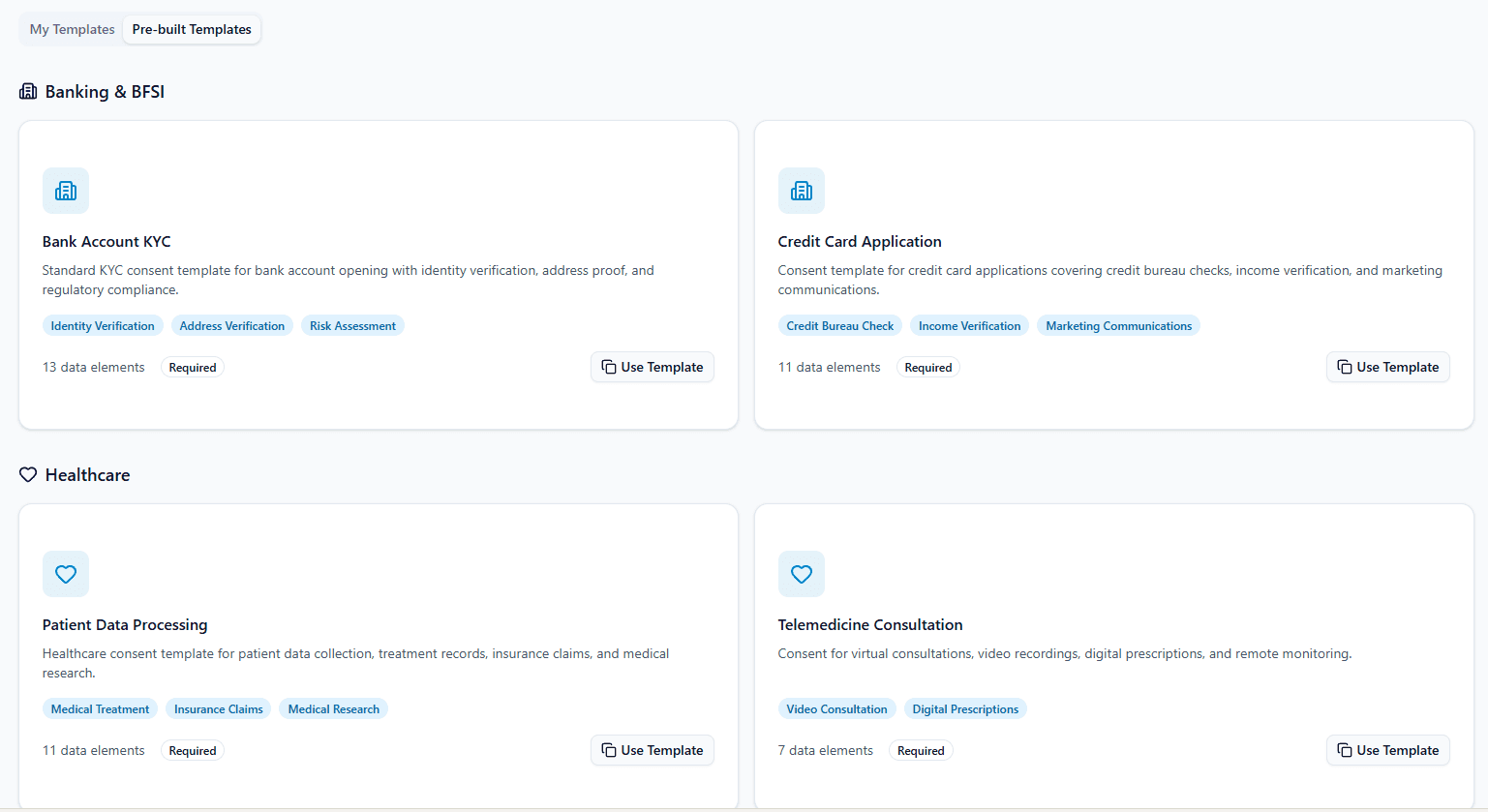 AquaConsento pre-built templates screenshot with industry-ready consent templates
