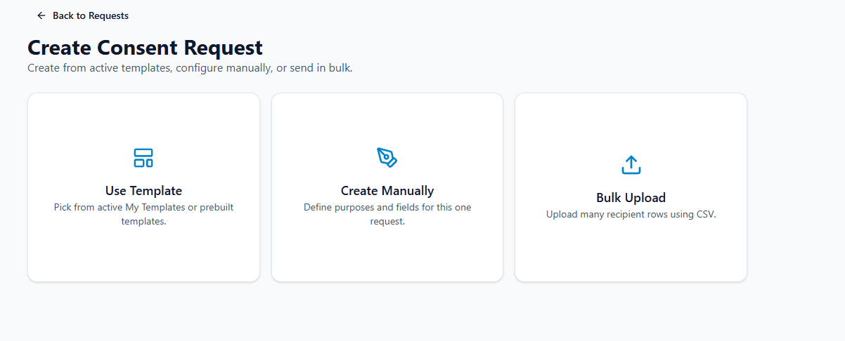 AquaConsento create consent request screenshot with template, manual, and bulk upload modes