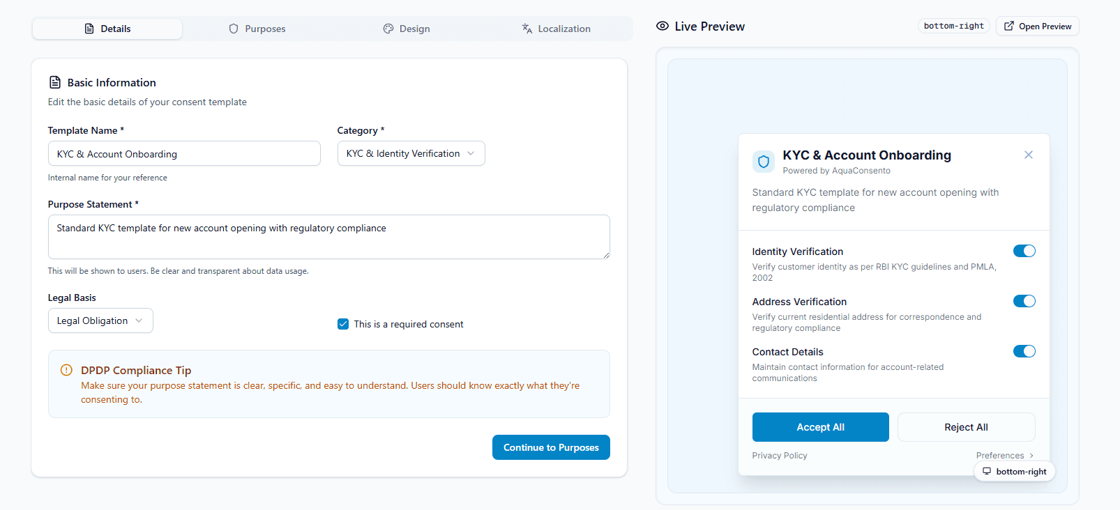 AquaConsento template builder screenshot with legal basis, purpose statement, and live preview