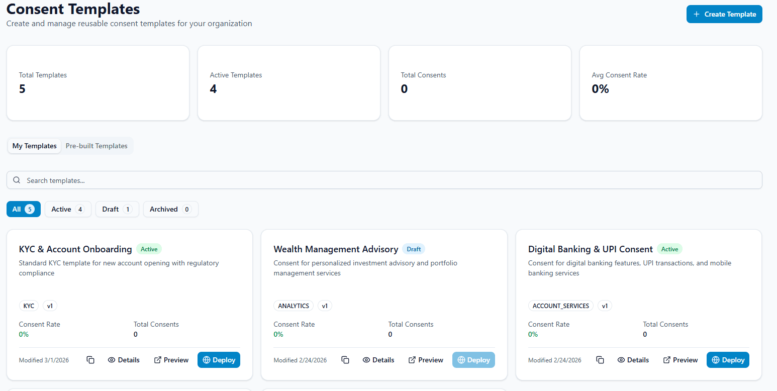 AquaConsento my templates screenshot with deployment controls
