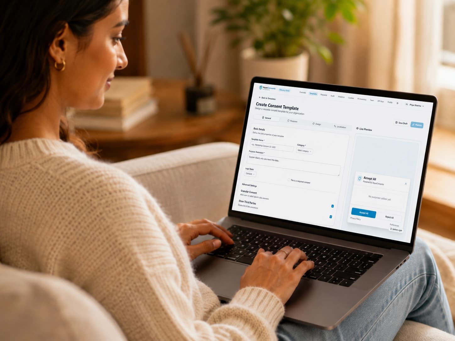 AquaConsento audit and compliance workspace shown on a laptop