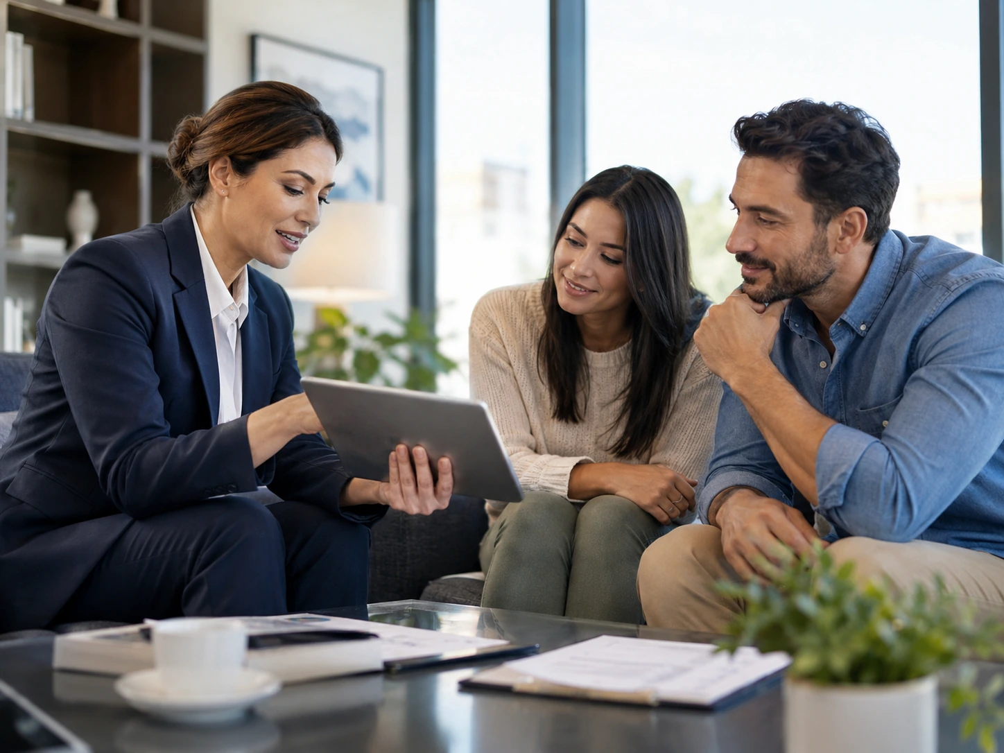 Insurance adviser reviewing policy options with a couple