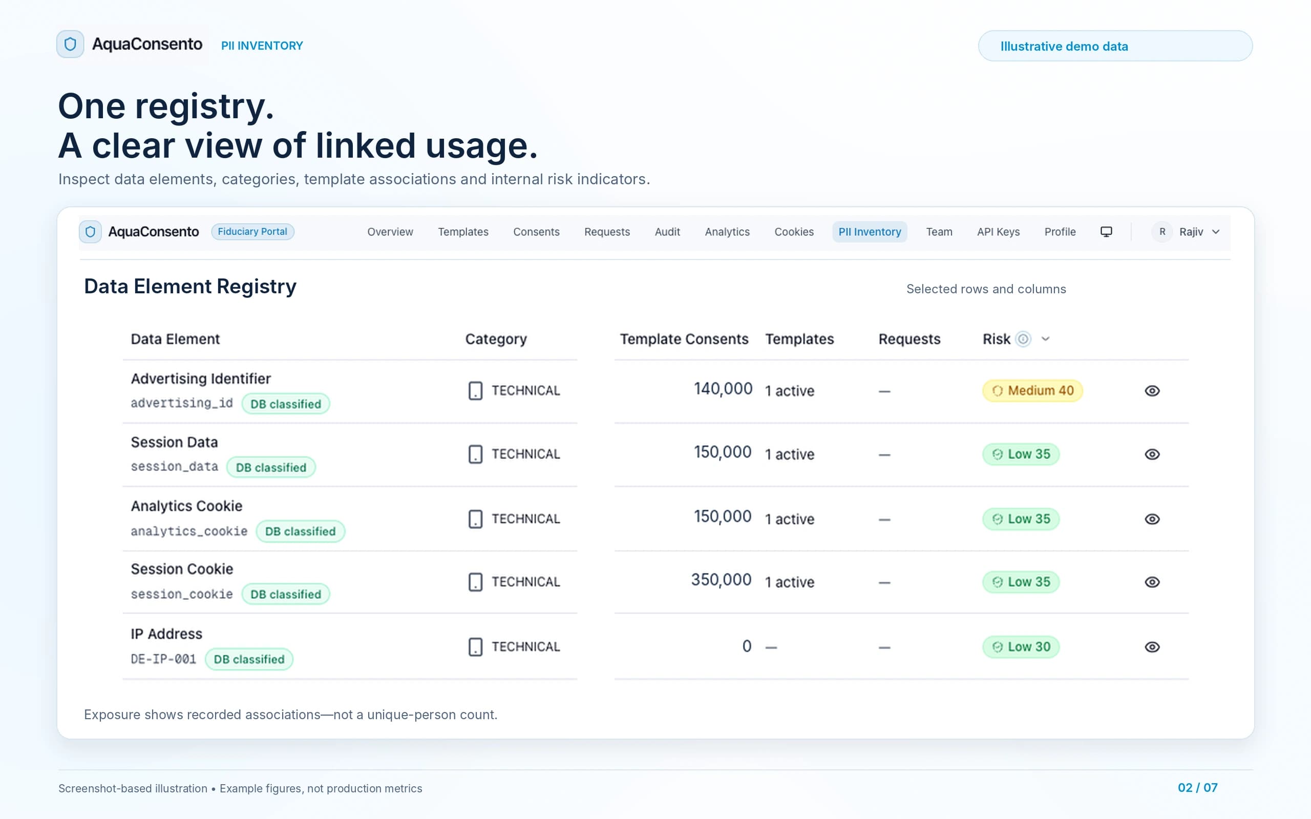 Illustrative PII data element registry showing categories and linked usage