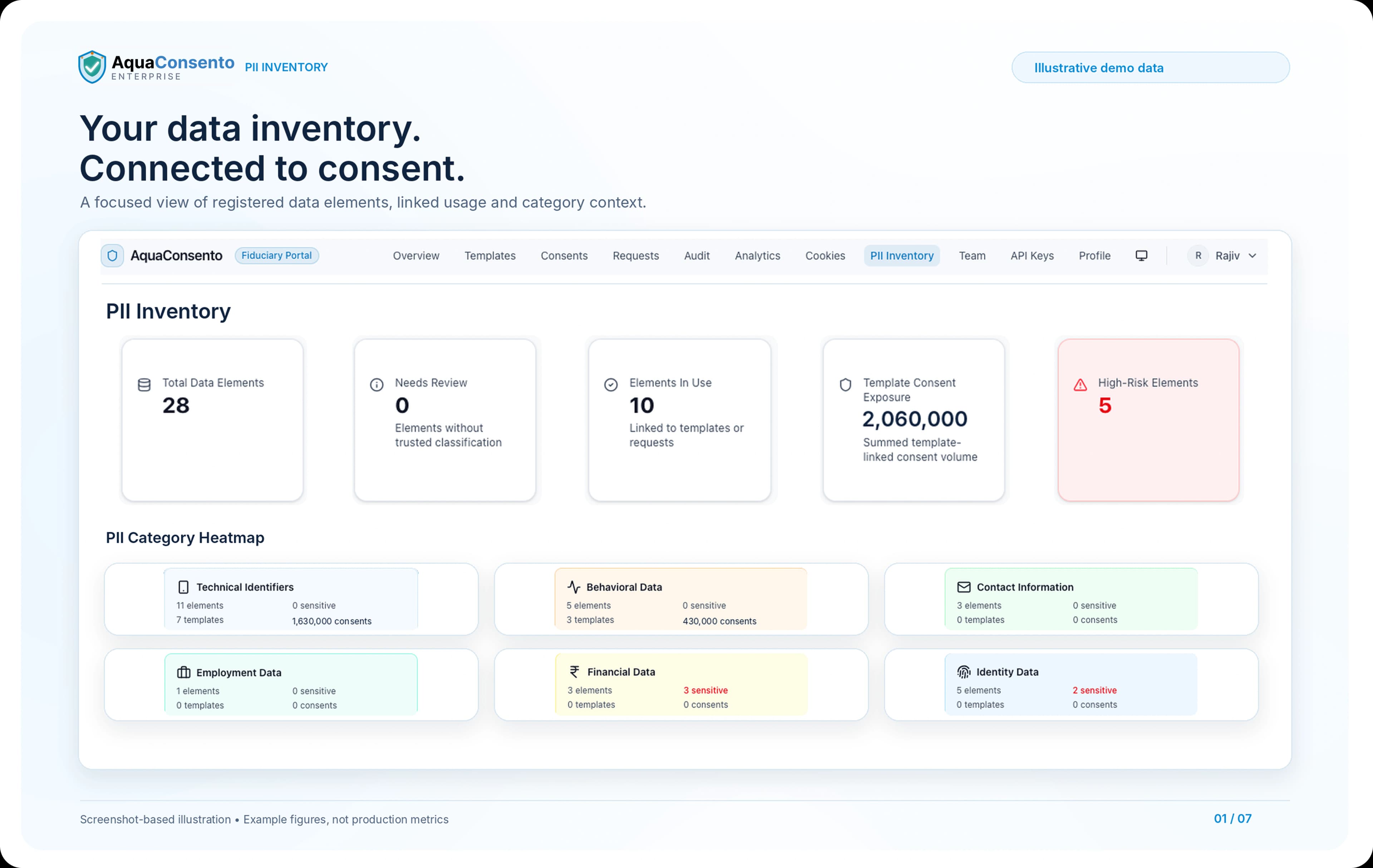 Illustrative AquaConsento PII Inventory overview with data element and category summaries