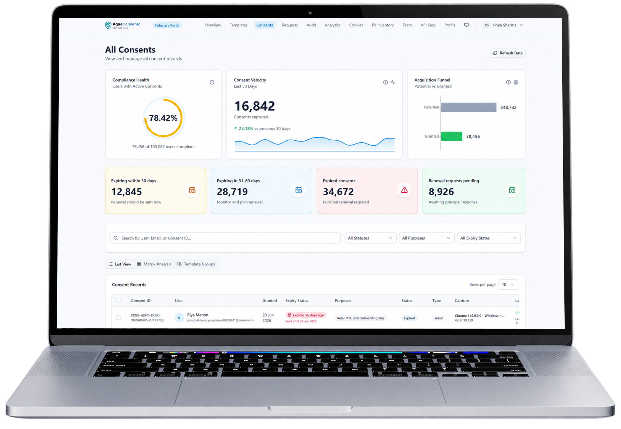 Principal-visible consent management interface